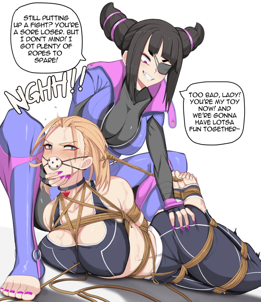 angry_face bagelbomb ball_gag big_breasts black_hair blonde_hair blue_eyes bondage breasts cammy_white defeated dominant_female domination domination/submission female femdom femsub fondle gag hogtie juri_han large_breasts purple_eyes scar street_fighter sweaty_body yuri