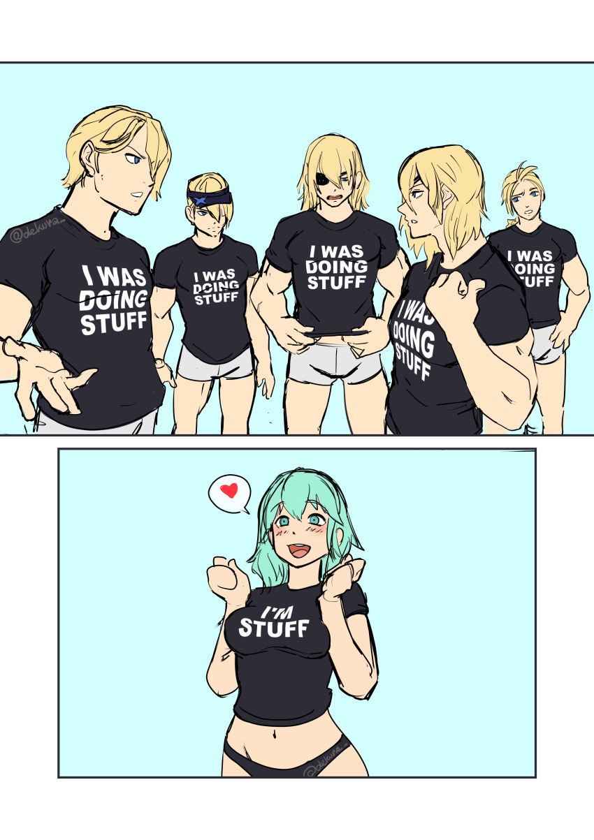 1girls 2koma 5boys alternate_hairstyle black_panties blonde_hair blue_background blue_eyes breasts byleth_(fire_emblem) byleth_(fire_emblem)_(female) cap dekura dimitri_alexandre_blaiddyd dimitri_alexandre_blaiddyd_(summer) english_text eyepatch fire_emblem fire_emblem:_three_houses fire_emblem_heroes fire_emblem_warriors:_three_hopes green_eyes green_hair happy harem hat medium_breasts medium_hair multiple_boys multiple_persona nintendo official_alternate_hairstyle open_mouth panties ponytail shirt shorts smile text underwear visor visor_cap