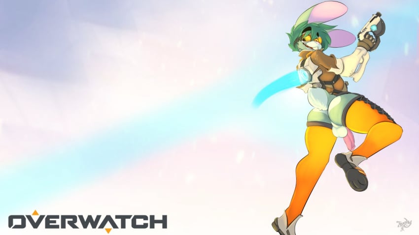 1boy anthro ass backsack balls big_ears buckteeth clothed clothes erection eyewear furry furry_only goggles green_fur gun handgun inoby lagomorph male male_only mammal no_humans open_mouth overwatch overwatch_2 penis rabbit ranged_weapon seffy simple_background smile solo tail tail_tuft tracer_(cosplay) tuft weapon