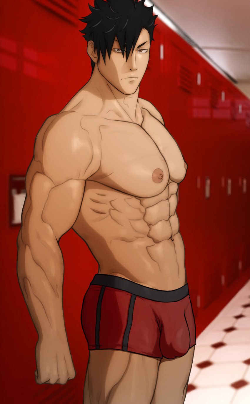 1boy abs bara biceps big_penis black_hair boxers boxers_(clothing) brown_eyes bulge erect_nipples frown frowning_at_viewer haikyuu!! human human_only hydaria kuroo_tetsurou locker lockers looking_at_viewer male male_chest male_focus male_only muscle muscles muscular muscular_male muscular_thighs nipples pecs pectorals pose posing pov pov_eye_contact red_boxers red_underwear serious serious_look six_pack solo solo_male standing topless underwear underwear_only unimpressed