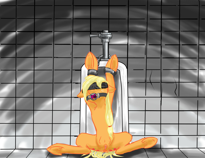 anus applejack_(mlp) blindfold bondage bound crotchboobs cuffs friendship_is_magic gag grimdark harryclopper my_little_pony pussy ring_gag spreading urinal urine watersports