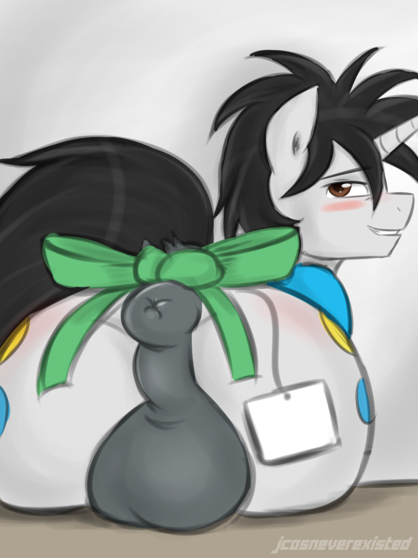 anus ass balls black_hair blush brown_eyes creative_flair cutie_mark equine fan_character hair horn jcosneverexisted looking_back male mammal my_little_pony pose presenting presenting_hindquarters puffy_anus raised_tail smile solo unicorn