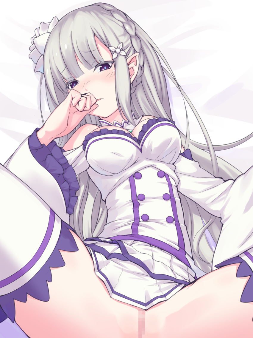 bare_shoulders blush braid breasts censored commentary_request dress elf emilia_(re:zero) female flower hair_flower hair_ornament hair_ribbon hand_to_own_mouth highres long_hair looking_at_viewer lying no_panties on_back parted_lips pointy_ears purple_eyes pussy re:zero_kara_hajimeru_isekai_seikatsu ribbon silver_hair solo spread_legs takeda_yukimura thighhighs tied_hair white_legwear wide_sleeves