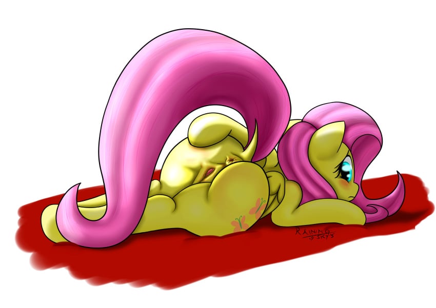 2015 anus ass blush cutie_mark digital_media_(artwork) dock equine feathered_wings feathers female feral fluttershy_(mlp) friendship_is_magic hair long_hair looking_at_viewer lying mammal my_little_pony pegasus pink_hair pussy rainingskys simple_background solo white_background wings yellow_feathers