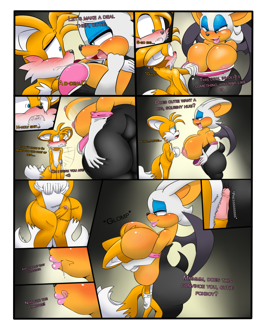 anthro areola bat big_breasts blush breast_smother breasts canine cleavage clothed clothing comic dialogue digitaldomain123 duo english_text erect_nipples erection female footwear fox glomp gloves handwear hi_res hug huge_breasts male mammal nipples penis rouge_the_bat seductive smile sonic_(series) tails text