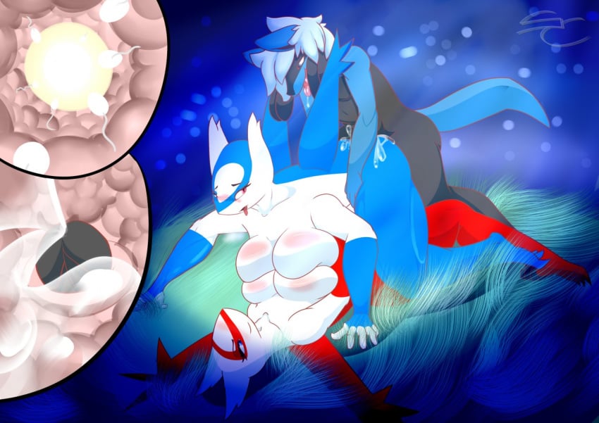 2016 anthro anthrofied ass black_fur blue_eyes blue_fur blue_skin blush breast_squish breasts canine cum cum_inside cum_on_ass cumshot drooling english_text female fur grass hair impregnation internal large_breasts latias latios legendary_pokemon lucario lying male mammal nintendo on_back orgasm original_character outdoors ovum penetration pokemon pokemon_(species) pokemorph red_eyes red_skin rule_63 saliva shadow-anubis silentcario smile sperm_cell straight text tongue tongue_out vaginal_penetration white_hair white_skin wings yuri