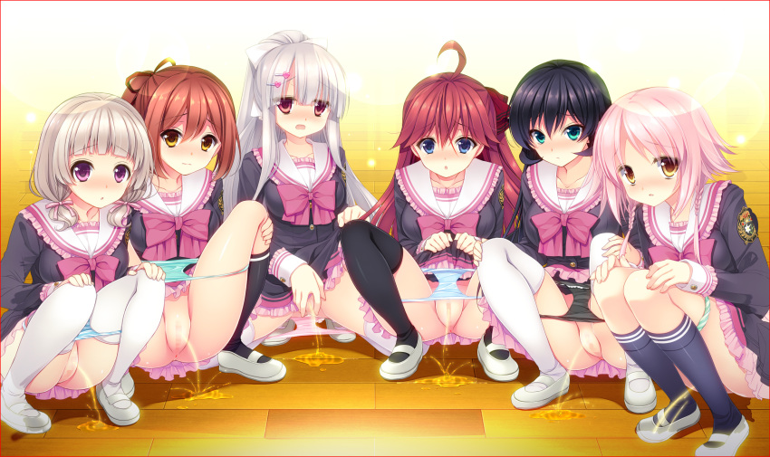 6+girls ahoge anus black_hair black_legwear black_panties blue_eyes blue_legwear blue_panties blush border bow braid calendula_officinalis censored doumyouji_sakurako embarrassed game_cg green_eyes green_panties hair_ornament hair_ribbon hairclip hands_on_own_knees heart_hair_ornament highres kamishiro_aoi_(kyuuketsu_hime_no_libra) kyuuketsu_hime_no_libra long_hair looking_at_viewer lycoris_radiata_(kyuuketsu_hime_no_libra) maritima_malcolmia miyasu_risa mosaic_censoring multiple_girls orange_hair panties panty_pull peeing pink_bow pink_hair pink_panties ponytail purple_eyes pussy red_border red_eyes red_hair ribbon school_uniform shoes skirt skirt_lift squatting striped striped_panties thighhighs tied_hair underwear urine white_hair white_legwear wooden_floor yellow_eyes