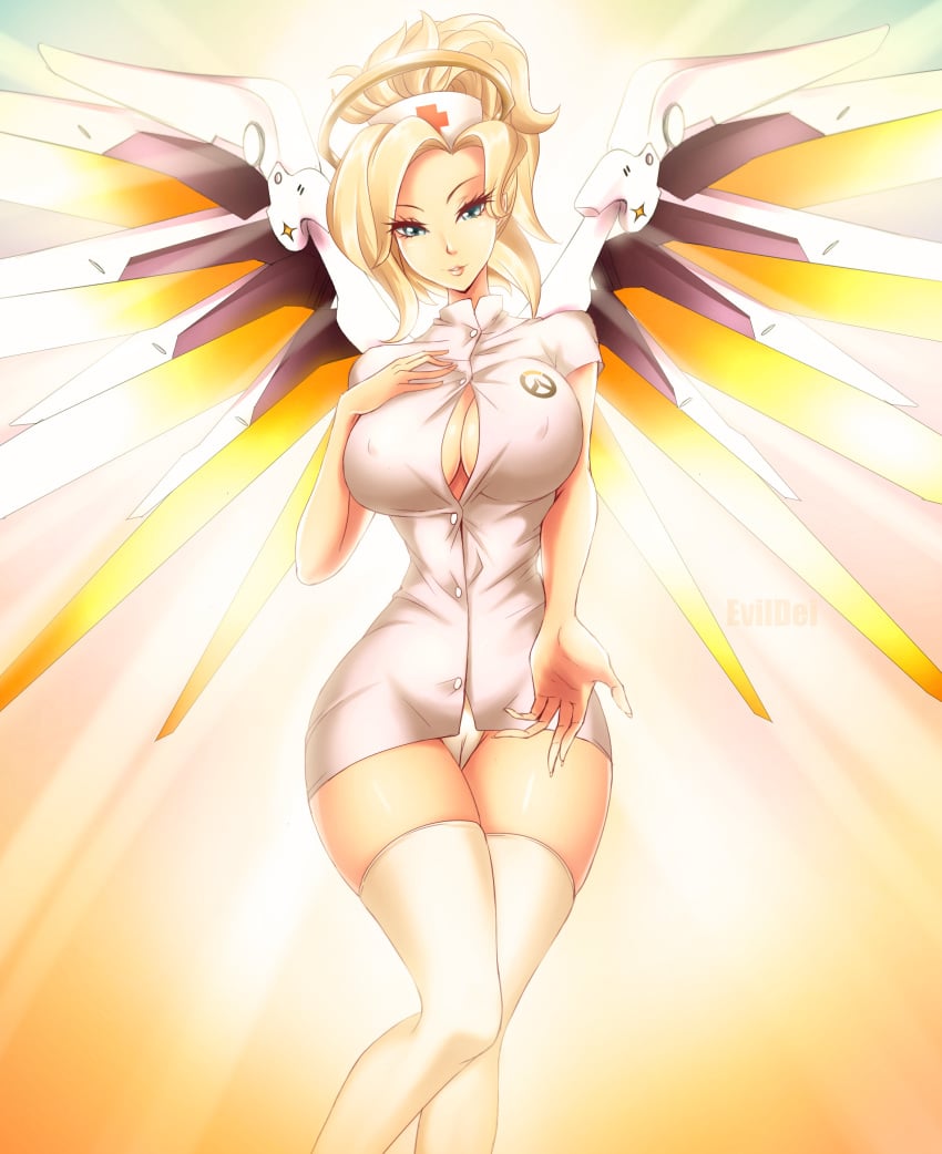 1girls angel blizzard_entertainment blonde_hair blue_eyes bottomless breasts cameltoe evildei female hair huge_breasts large_breasts long_hair looking_at_viewer mercy nurse overwatch panties solo standing thighhighs wings