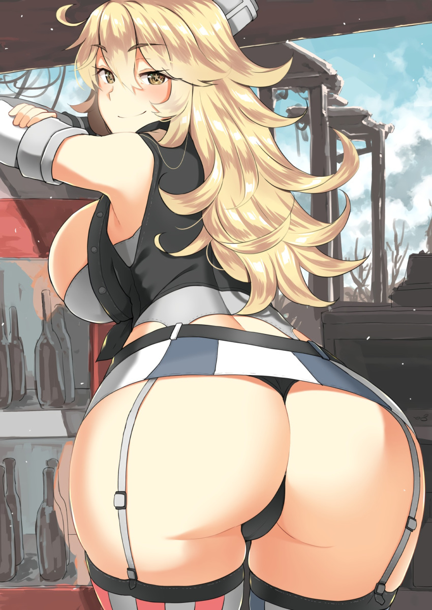 1girls ahoge alternate_eye_color american_flag american_flag_legwear armpits arms_up ass bare_shoulders black_panties black_vest blonde_hair blush body_mahattaya_ginga bottle breasts brown_eyes closed_mouth curvy dat_ass elbow_gloves eyebrows eyebrows_visible_through_hair female female_only fingerless_gloves from_behind garter_straps gloves grey_hat harbor huge_ass huge_breasts iowa_(kantai_collection) kantai_collection long_hair looking_at_viewer looking_back microskirt mismatched_legwear open_clothes open_vest outdoors panties sideboob skirt sleeveless smile smug solo star star-shaped_pupils striped striped_legwear striped_skirt symbol-shaped_pupils thick_thighs thighhighs thighs thong tsurime underwear vending_machine vertical-striped_legwear vertical_stripes vest white_gloves wide_hips