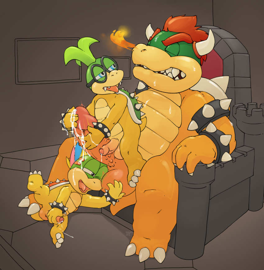 3boys age_difference anthro argon_vile ball_fondling balls bowser bumped_penis chair clenched_teeth closed_eyes dripping eyewear fire fire_breathing fondling gay glasses group handjob humanoid_penis iggy_koopa incest indoors koopa koopaling lemmy_koopa male male_only mario_(series) masturbation multiple_boys multiple_subs nintendo on_lap on_top on_top_of one_eye_closed penile_masturbation penis precum precum_string scalie sitting size_difference spiked_bracelet straining super_mario_bros. sweat teeth throne tongue tongue_out two_subs_one_dom uncut video_games