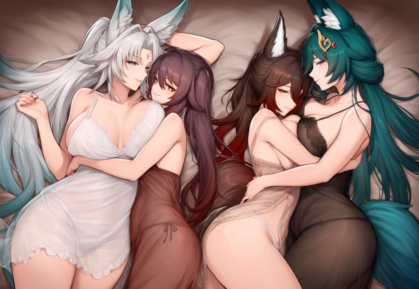 4girls ai_generated big_ass big_breasts close-up crossover face_against_breast feixiao_(honkai:_star_rail) female_only fox_ears genshin_impact honkai:_star_rail hu_tao_(genshin_impact) hucow86 hugging_another looking_at_viewer lying lying_on_back lying_on_bed nightgown romantic tingyun_(honkai:_star_rail) wholesome yukong_(honkai:_star_rail)