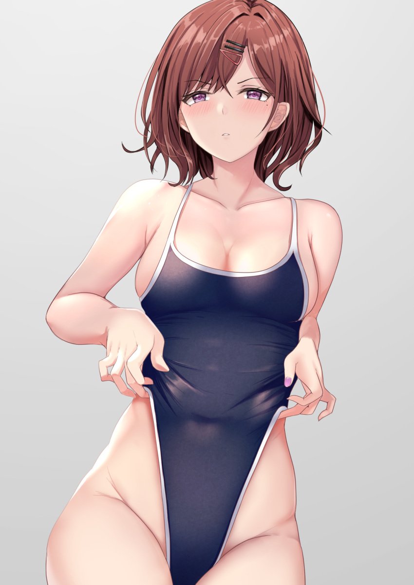 abi_(abimel10) armpit_crease bare_arms bare_shoulders big_breasts blue_one-piece_swimsuit blush breasts brown_hair cleavage collarbone hairclip higuchi_madoka idolmaster idolmaster_shiny_colors mole mole_under_eye nail_polish one-piece_swimsuit parted_lips purple_eyes purple_nails school_swimsuit short_hair sideboob swimsuit swimsuit_pull