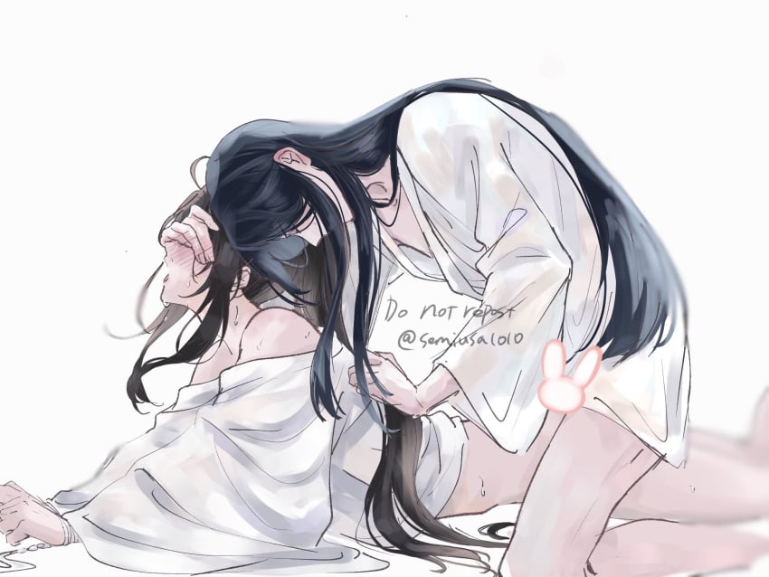 2boys ahoge alternate_costume anal bare_legs bare_shoulders bathrobe black_hair blurry blurry_foreground blush bottomless bound bound_wrists brown_hair censored chinese_clothes closed_eyes clothes_grab covering_another&#039;s_eyes hanfu highres kneeling lan_wangji long_hair long_sleeves lying male male_focus modao_zushi multiple_boys naked_robe novelty_censor off_shoulder on_stomach open_mouth ponytail prone_bone robe semiusa1010 sex sex_from_behind sidelocks simple_background sweat tongue twitter_username wei_wuxian white_background white_robe wide_sleeves yaoi