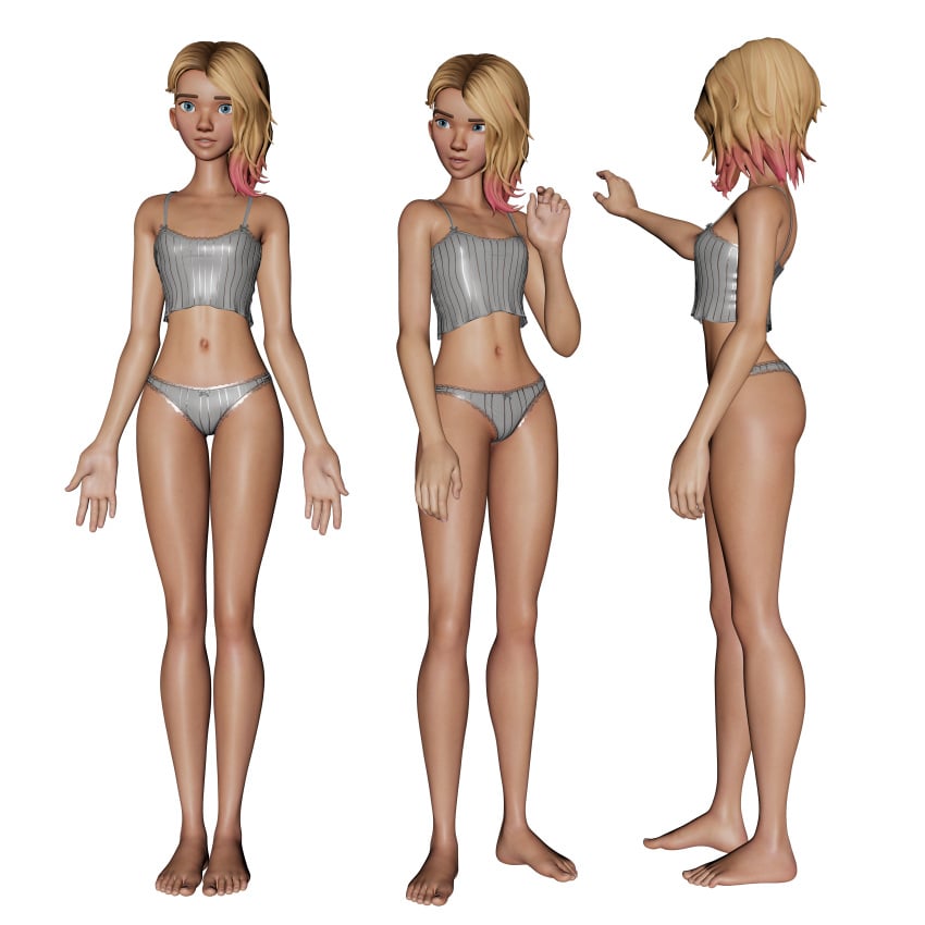 1girls 3d aniroxas blonde_hair daz_studio full_body grey_panties grey_underwear model_sheet panties solo spider-gwen spider-man:_into_the_spider-verse underwear