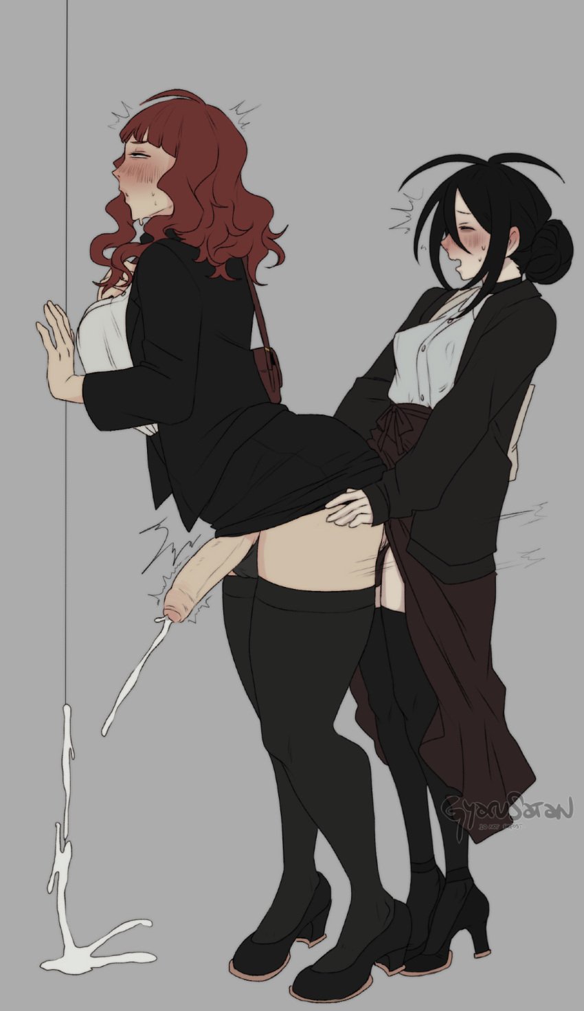2futas asahi_(gyarusatan) black_hair blush closed_eyes clothed_sex clothing cum cum_on_ground cum_on_wall cumming_while_penetrating cumshot ejaculation_while_penetrated from_behind fucked_from_behind futa_on_futa futa_only futanari grey_background gyarusatan handsfree_ejaculation heavy_blush heels hi_res leaning_forward momo_(gyarusatan) narrowed_eyes penis penis_out red_hair sex sex_from_behind skirt_lift standing standing_sex stockings thick_thighs tied_hair