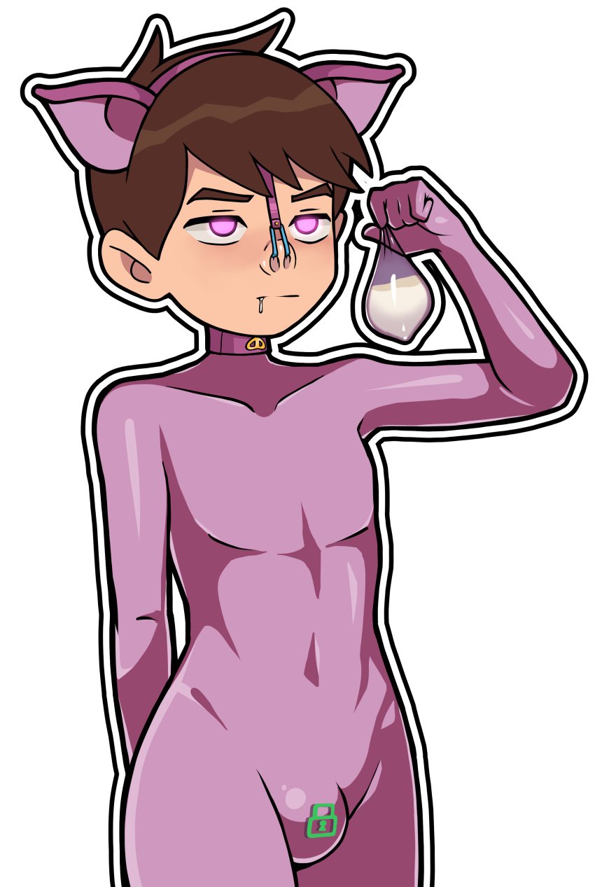 1boy argrim ben_10 ben_tennyson blush bodysuit brown_hair condom condom_in_hand femboy filled_condom headband hi_res latex lock_bulge lock_symbol nose_hook pig_ears png rubber solo solo_male transparent_background