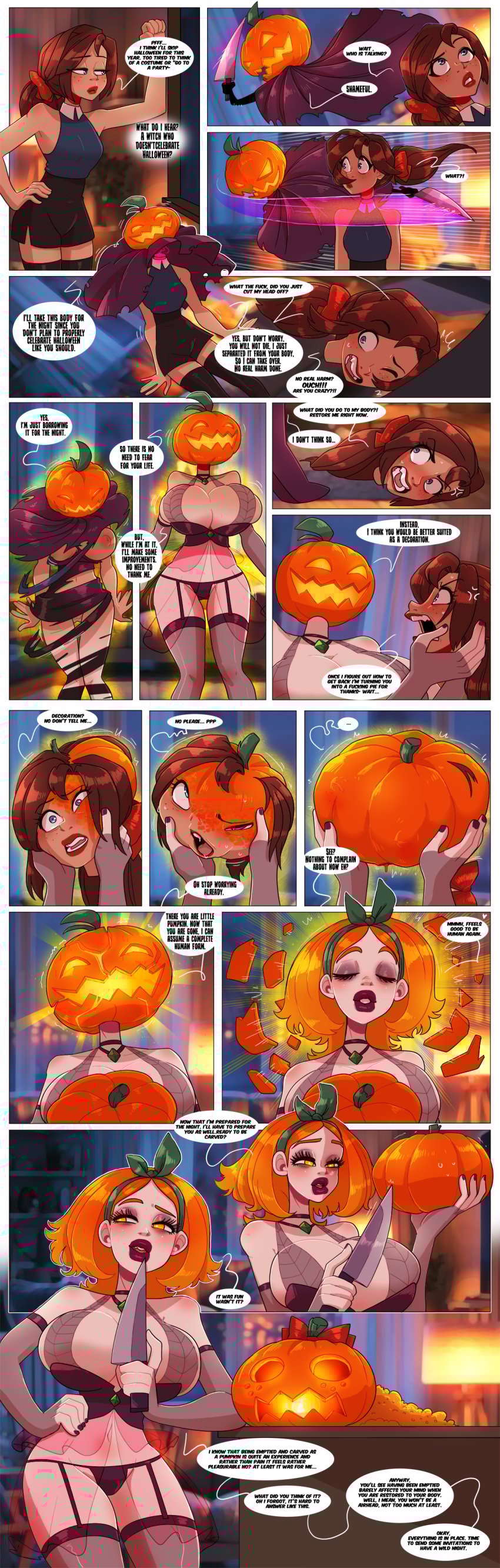 body_thief bow breast_expansion brown_hair chesshire decapitation halloween headless inanimate_transformation knife orange_eyes orange_hair plant_transformation pumpkin pumpkin_head pumpkin_transformation tagme transformation