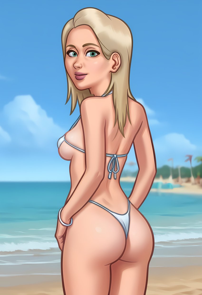 1girls 2d 2d_(artwork) ai_generated ass bikini bikini_bottom bikini_top blonde_hair blonde_hair bra breasts civitai daeisi digital_drawing_(artwork) female female_focus female_only light-skinned_female light_skin medium_breasts panties presenting_ass sara_(summertime_saga) showing_off sideboob summertime_saga