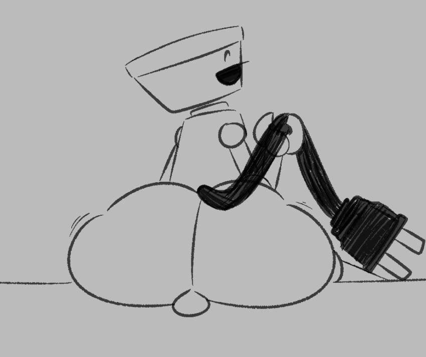 1boy 2025 ass ass ass_focus beetlebot big_ass big_butt bubble_butt chibi-robo chibi-robo_(character) cord grey_background huge_ass male male_only monochrome no_humans non-human non-human_only plug plug_tail robot robot_boy robot_only solid_color_background solo solo_male tagme