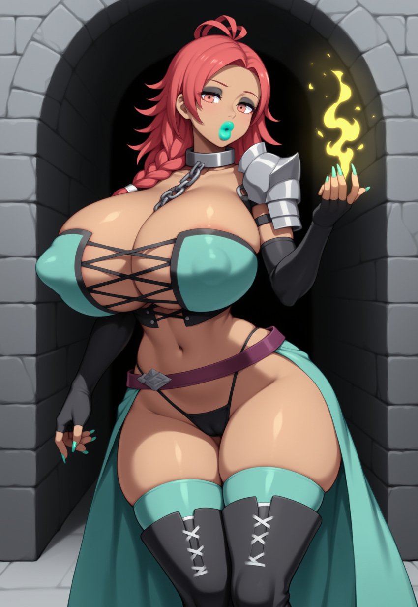 ai_generated areola areolae bare_shoulder belt belt_buckle big_breasts bimbo bimbo_body bimbo_lips bimbofication bimbofied boots bored breasts cameltoe cape capelet chain_leash cleavage colored_skin corset cross-laced_clothes cross-laced_footwear cross-laced_legwear dark-skinned_female dark_skin deep_cleavage dim_lighting elbow_gloves eyeshadow fingerless_gloves fire_emblem fire_emblem:_three_houses fire_emblem_warriors:_three_hopes gloves hair_over_shoulder hand_up hapi_(fire_emblem) holding huge_ass huge_breasts legs_together lipstick looking_at_viewer loose_belt magic magic_user massive_breasts metal_collar navel novelai over_shoulder pauldron pauldrons puckered_lips red_eyes red_hair side_eye single_bare_shoulder single_braid single_pauldron skindentation sorceress stone_wall tgm101_(artist) thick_lips thick_thighs thigh_boots thin_waist thong turning_head waist_cape wide_hips