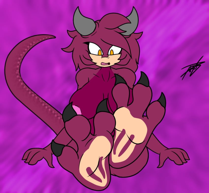1girls 3_toes big_breasts breasts claws claws_out commission dragon feet feet_claws female foot_fetish horn horns huge_breasts long_tail mobian_(species) moonstar_art oc original red_hair sonic_(series) yellow_eyes