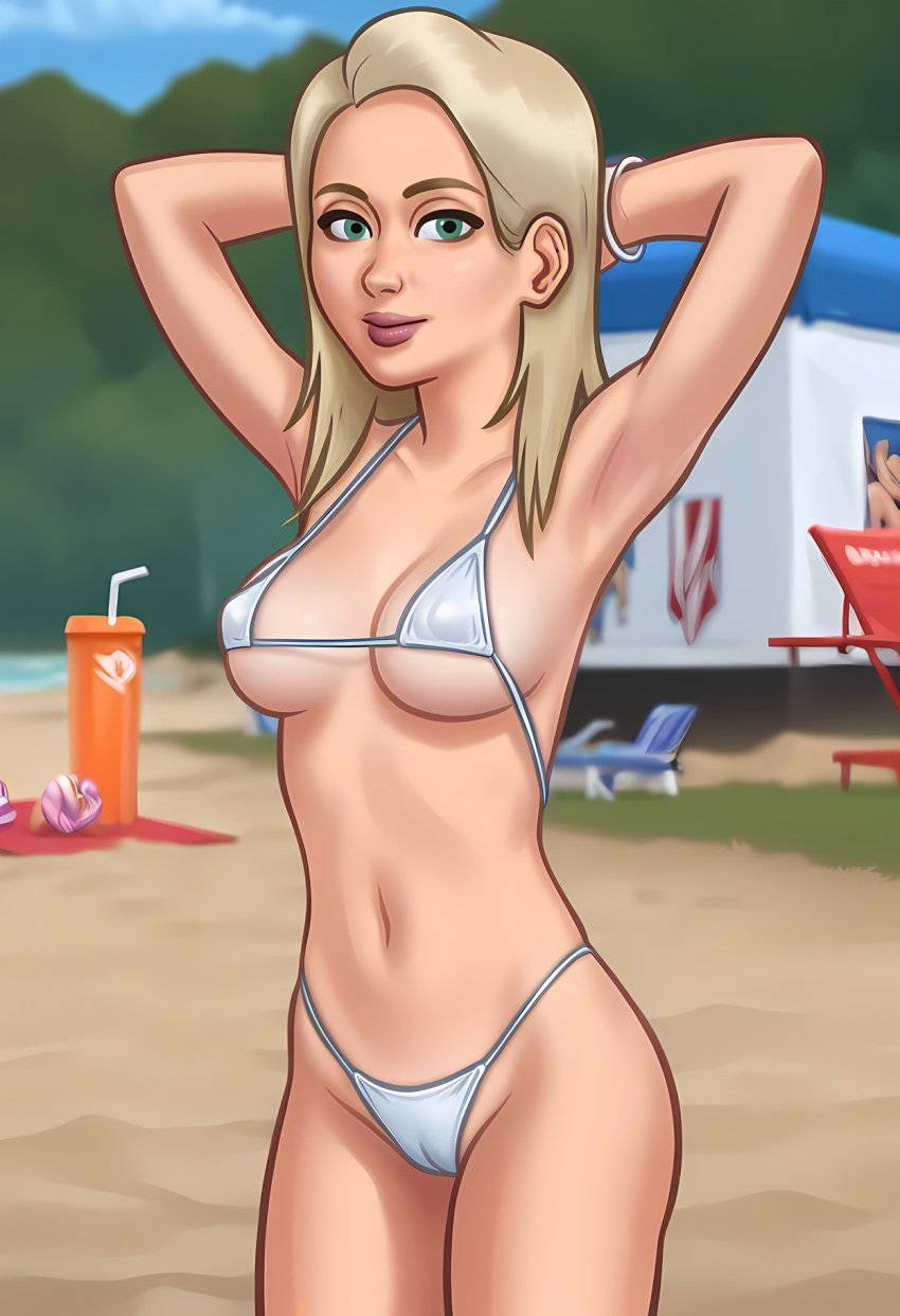 1girls 2d 2d_(artwork) ai_generated arms_above_head bikini bikini_bottom bikini_top blonde_hair bra breasts cameltoe civitai daeisi digital_drawing_(artwork) female female_focus female_only light-skinned_female light_skin medium_breasts panties pussy pussy_lips pussy_peek sara_(summertime_saga) showing_off sideboob summertime_saga vagina