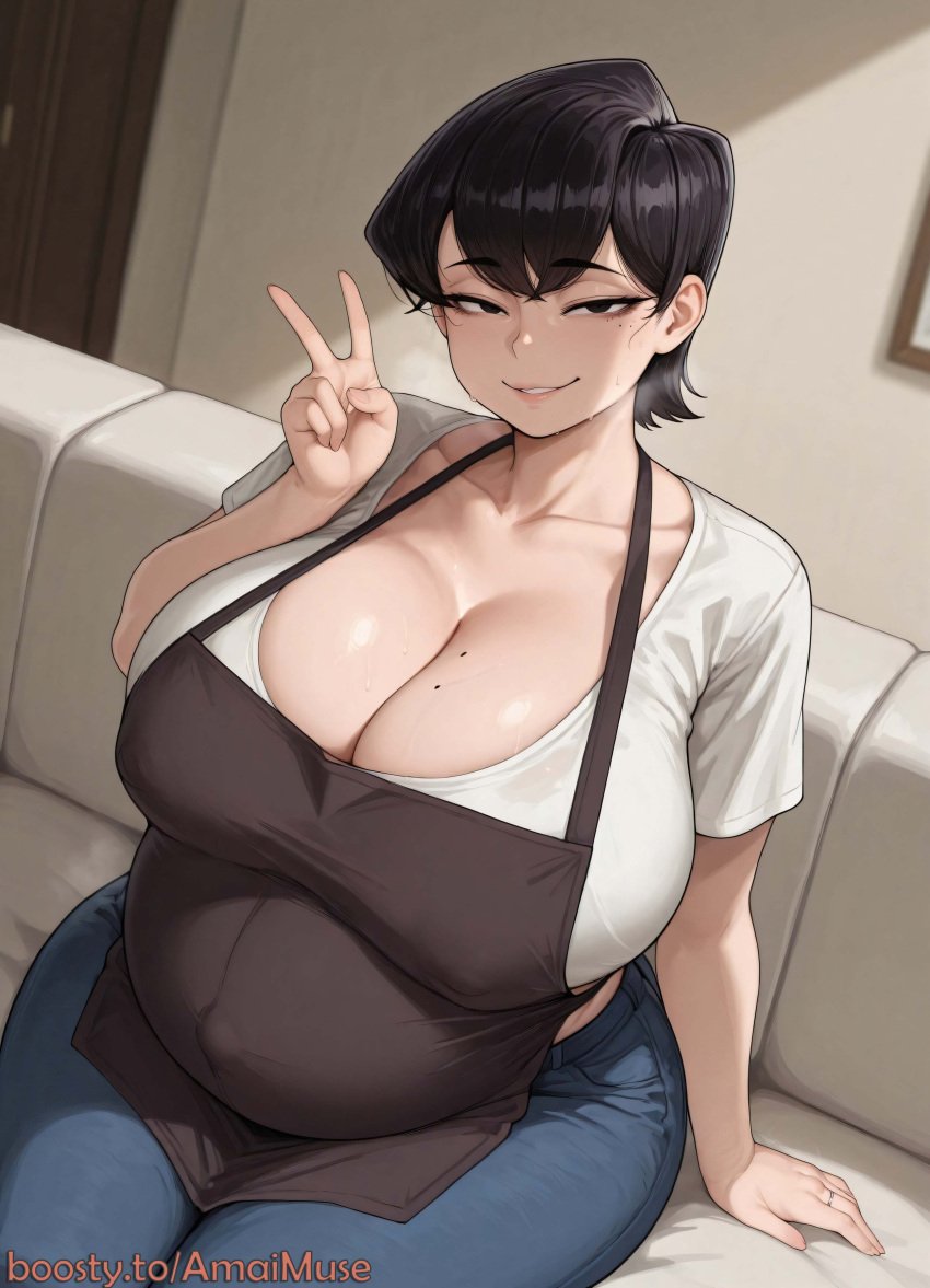 1girls ai_generated amaimuse apron big_ass big_breasts black_hair cheating cheating_wife cleavage curvaceous curvy female female_only heart huge_ass huge_breasts jeans komi-san_wa_komyushou_desu komi_shuuko large_ass large_breasts light-skinned_female light_skin looking_at_viewer mature_female milf pregnant pregnant_female short_hair sitting smile smirk smirking smirking_at_viewer t-shirt thick_thighs v v_sign voluptuous wedding_ring