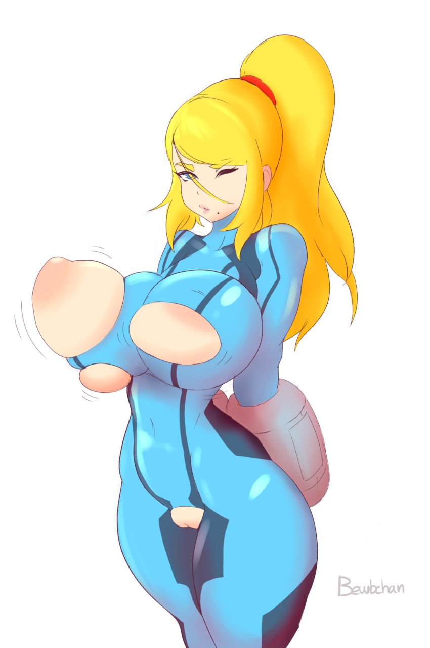 arms_behind_back artist_name beauty_mark bewbchan blonde_hair blue_eyes bodysuit bouncing_breasts breast_expansion breasts clothes color crotch_cutout eyebrows_visible_through_hair female hair hair_over_one_eye huge_breasts large_breasts lips_parted long_hair looking_at_viewer metroid nintendo one_eye_closed ponytail puffy_nipples pussy restrained ripped_clothes ripped_clothing samus_aran simple_background solo thick_thighs tied_hair tight_clothing torn_clothes torn_clothing white_background zero_suit zero_suit_samus