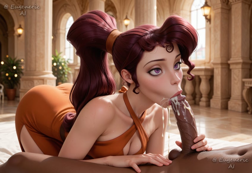 1boy ai_generated artist_name ass bare_shoulders blurry blurry_background breasts cleavage cleavage_cutout clothed_female_nude_male clothing_cutout collarbone criss-cross_halter cum cum_in_mouth dark-skinned_male dark_skin disney disney_princess dress earrings erection eugenericai eyeshadow facial_mark fellatio female greek_mythology hair_pulled_back halter_dress halterneck hercules_(disney) indoors interracial jewelry lips lipstick long_hair makeup male_pubic_hair medium_breasts megara nose nude oral orange_dress penis penis_grab ponytail pubic_hair purple_eyes purple_hair solo_focus straight testicles uncensored veins veiny_penis window