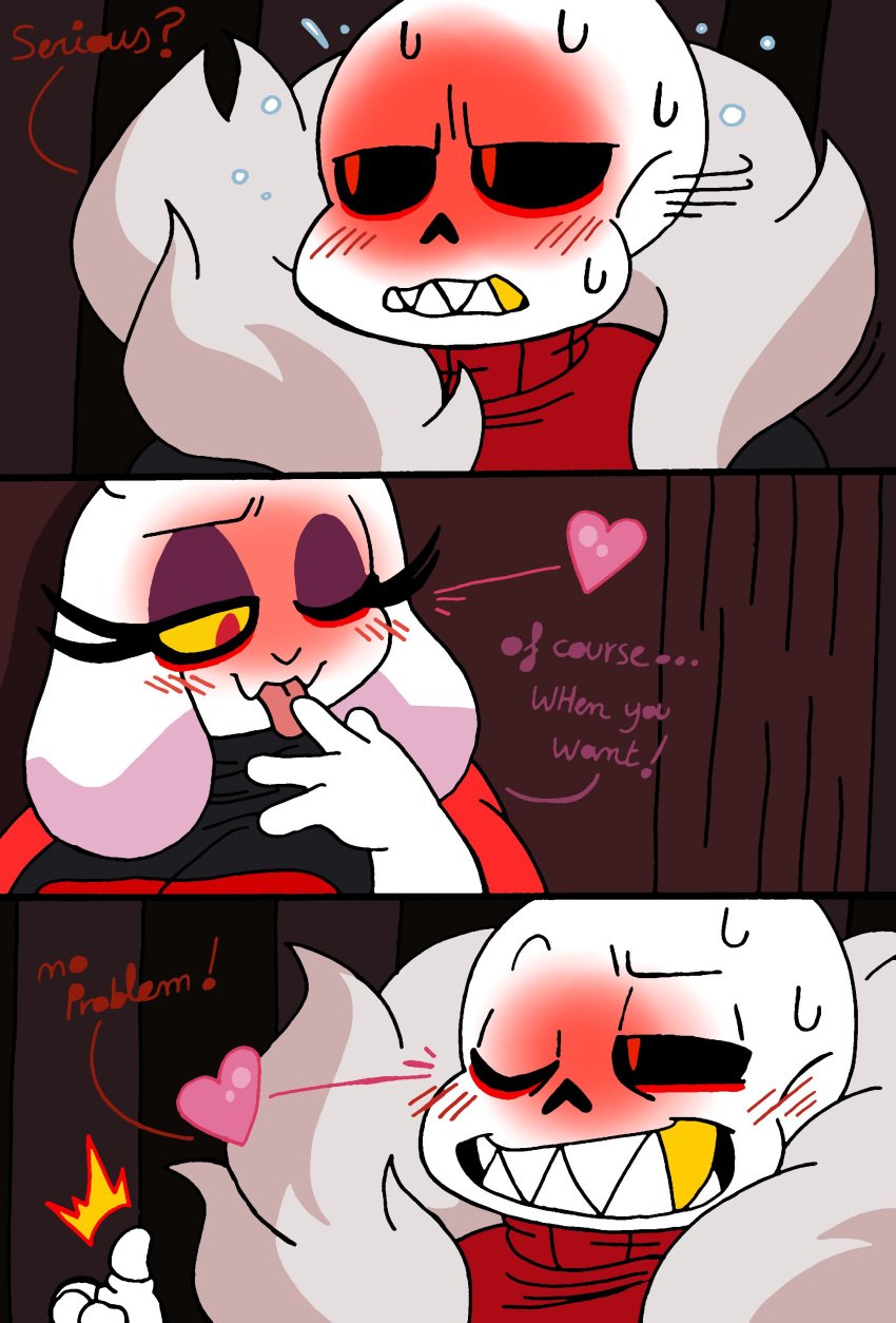 1boy 1girls back_view blush breasts chubby chubby_female clothing comic comic_page curvy female goat happy heart hips lilievilla male mature_female milf oral red_eyes sans size_difference skeleton smaller_male tongue tongue_out toriel underfell wings