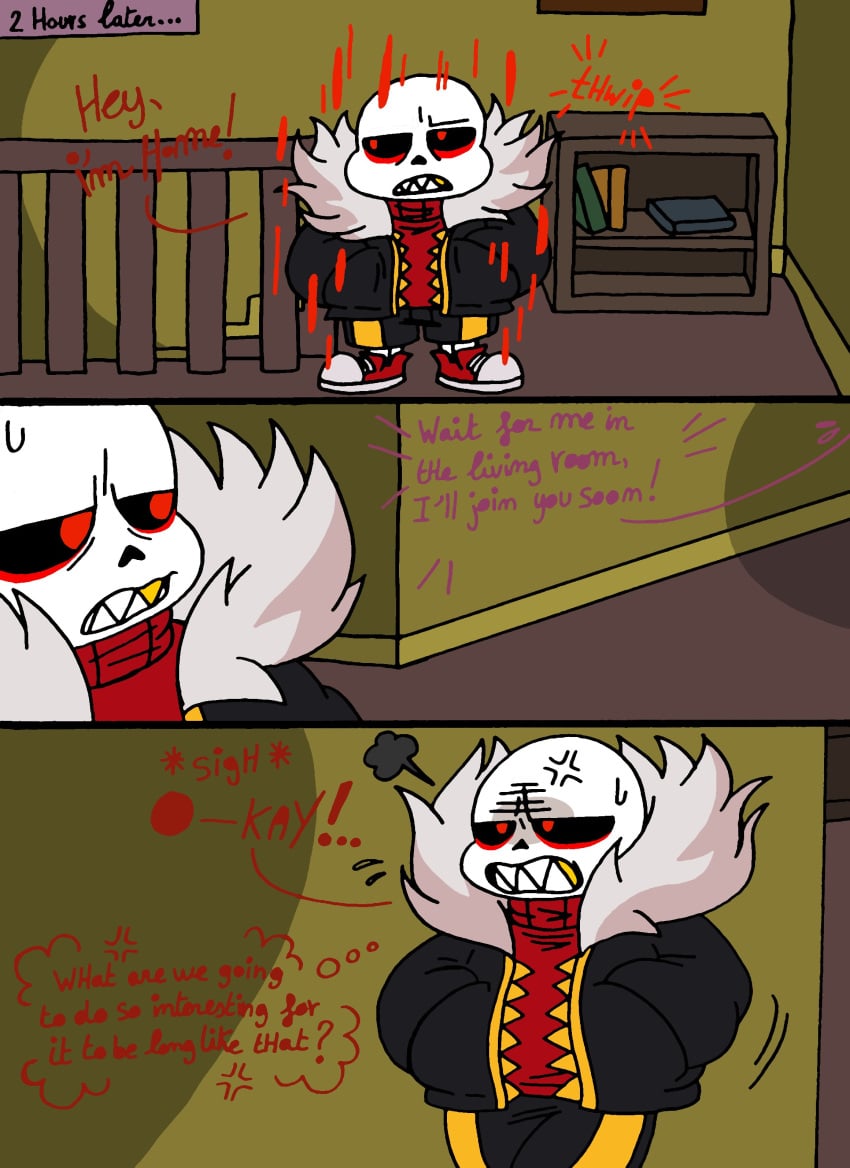 1boy 1girls back_view chubby chubby_female clothing comic comic_page curvy female goat happy heart hips house male mature_female milf oral red_eyes sans size_difference skeleton smaller_male toriel underfell