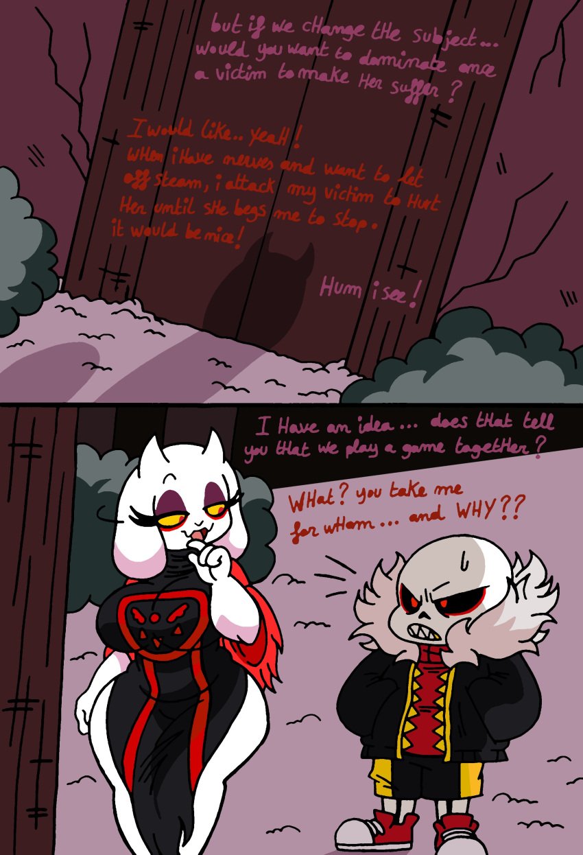 1boy 1girls back_view chubby chubby_female clothing comic comic_page curvy female goat happy hips lilievilla male mature_female milf oral red_eyes sans size_difference skeleton smaller_male toriel underfell