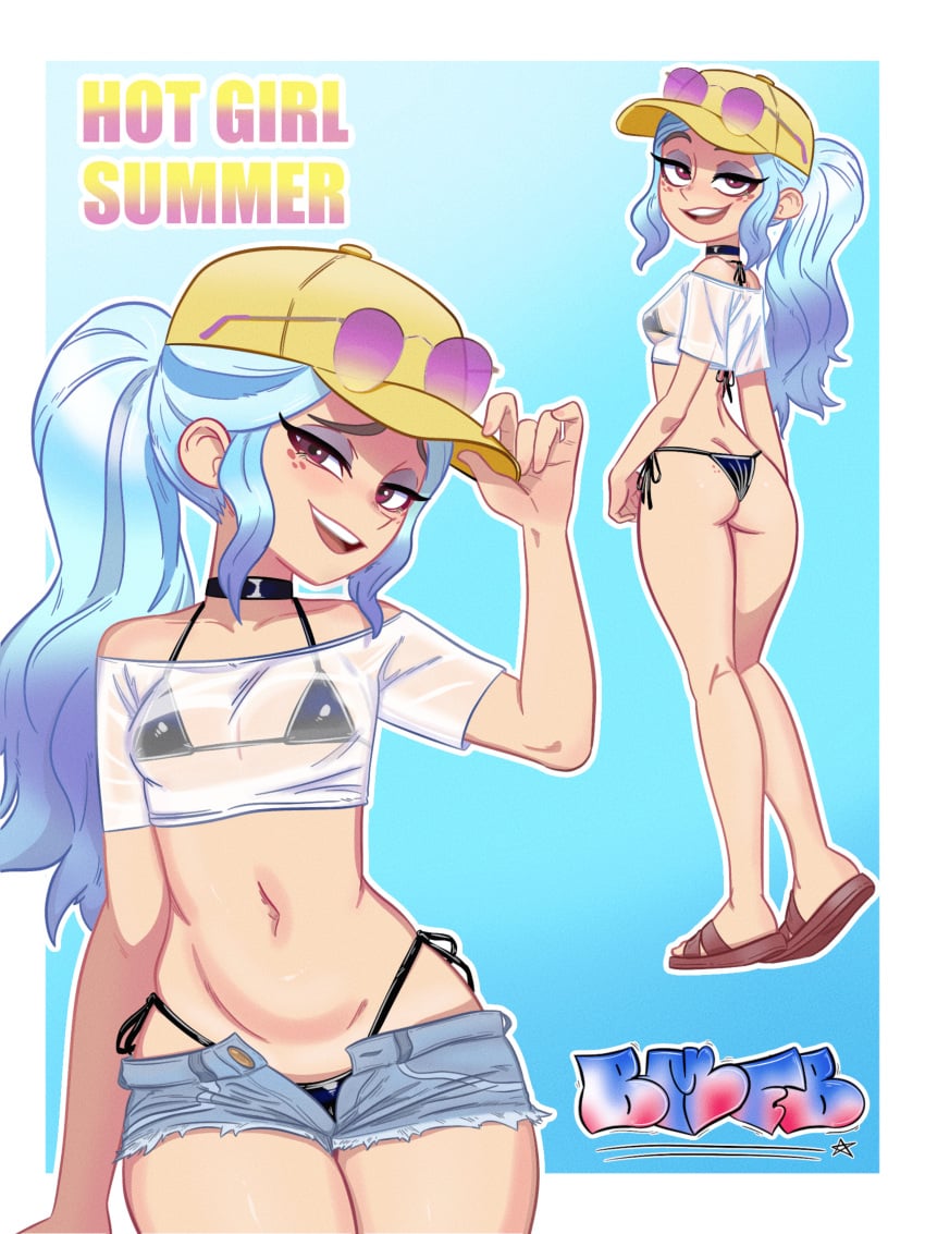 andrea_davenport ass bigmfbear bikini brown_eyes cap denim_shorts eyeshadow female freckles light-skinned_female light_blue_hair makeup purple_eyeshadow the_ghost_and_molly_mcgee wet_clothes
