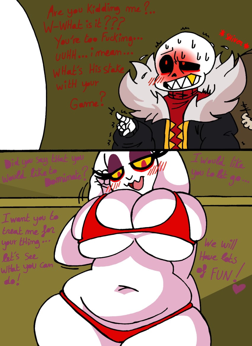 1boy 1girls back_view belly big_breasts bikini blush breasts chubby chubby_female clothing comic comic_page curvy doggy_style female goat hips large_breasts lilievilla male mature_female milf necklace nipples oral oral_sex red_eyes sans seductive sexy size_difference skeleton smaller_male submissive thick_thighs toriel underfell undertale