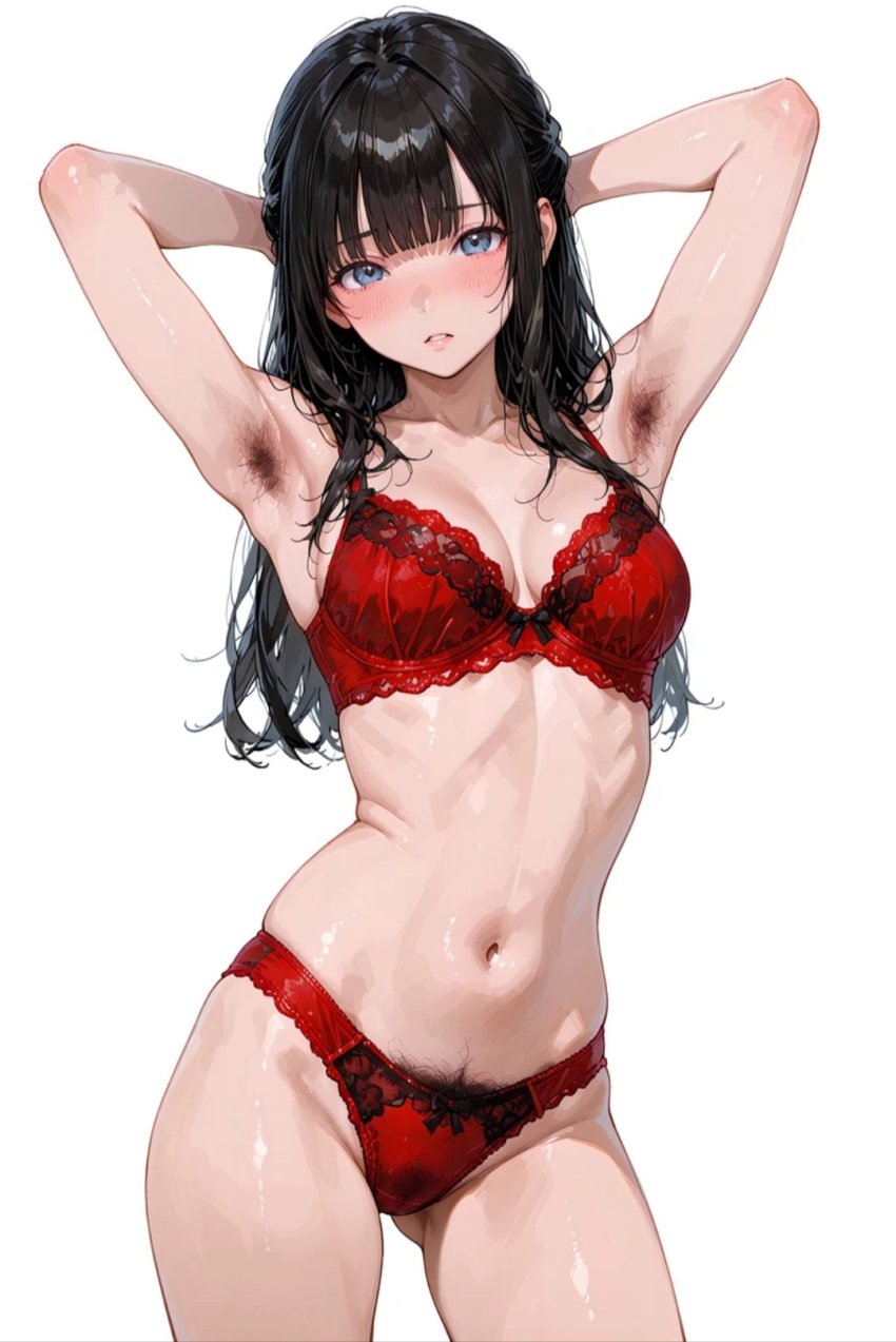 1girls ai_generated breasts hairy_armpits hairy_pussy original pubic_hair red_bra red_panties solo underwear unshaved_pussy