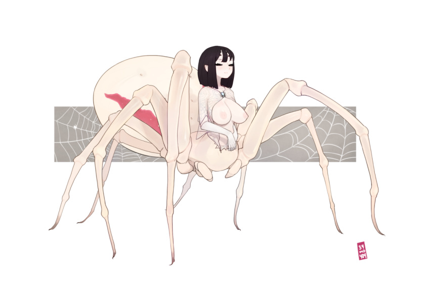 34no404 areolae black_hair breasts drider female full_length looking_at_viewer monster_girl nipples original pale_skin pointy_ears solo spider spider_girl