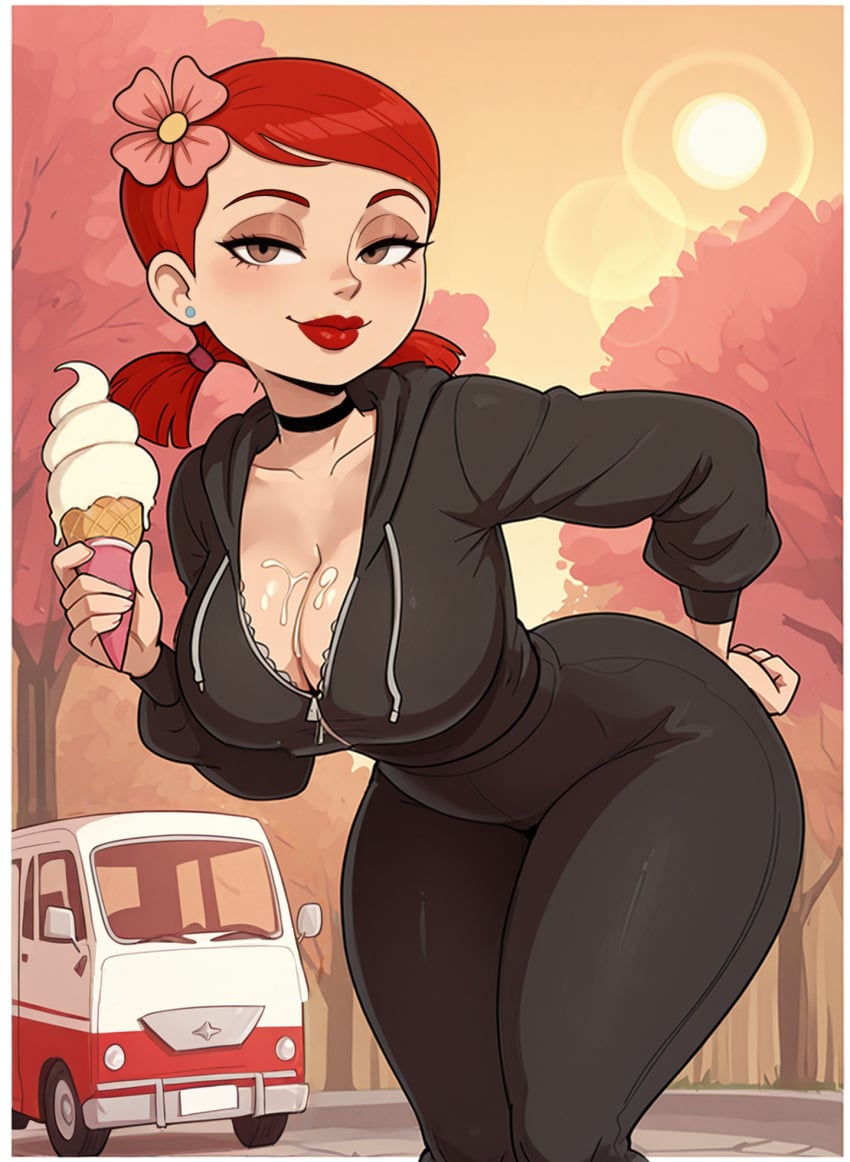 ai_generated babe big_breasts breasts brown_eyes cleavage curvy dark_black_tracksuit_bottoms dark_red_lipstick flower_hair_ornament hair_side_parting high_quality ice_cream looking_at_viewer low_short_pigtails pink_flower posing red_hair seductive short_hair slutty_outfit teen tight_waist twintails white_border wide_hips zoey_(tdi) zoey_total_drama