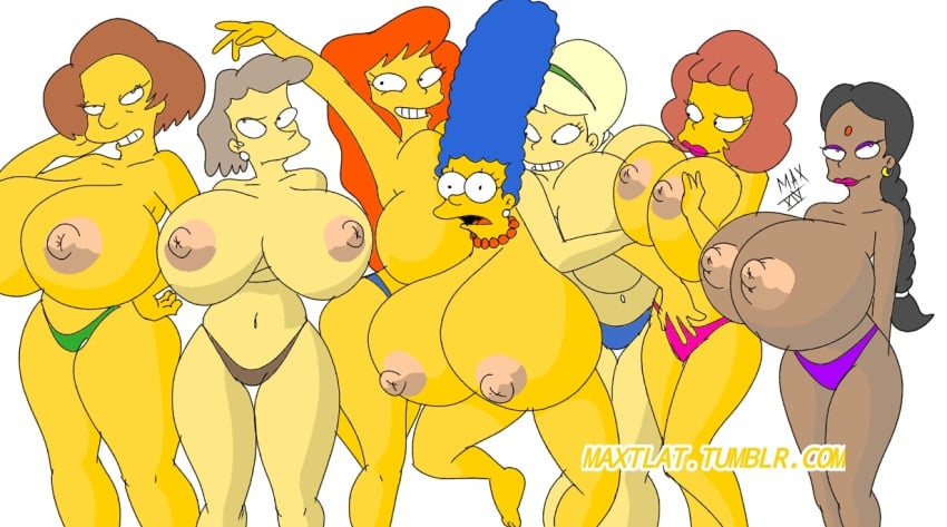 alternate_breast_size big_breasts bindi breasts dark-skinned_female dark_skin earrings edna_krabappel helen_lovejoy huge_breasts human humanoid hyper_breasts indian indian_female lurleen_lumpkin manjula_nahasapeemapetilon marge_simpson maude_flanders maxtlat milf mindy_simmons multiple_females nipples tan-skinned_female the_simpsons