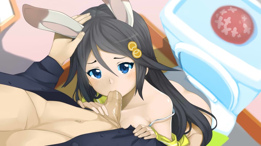 1boy animal_ears black_hair blue_eyes bottomless breasts bunny_ears fellatio female from_above hair_between_eyes hair_ornament hand_on_another's_head highres izumi_reina long_hair looking_at_viewer musaigen_no_phantom_world open_clothes open_shirt oral paavuchi penis shirt sitting small_breasts strap_slip toilet