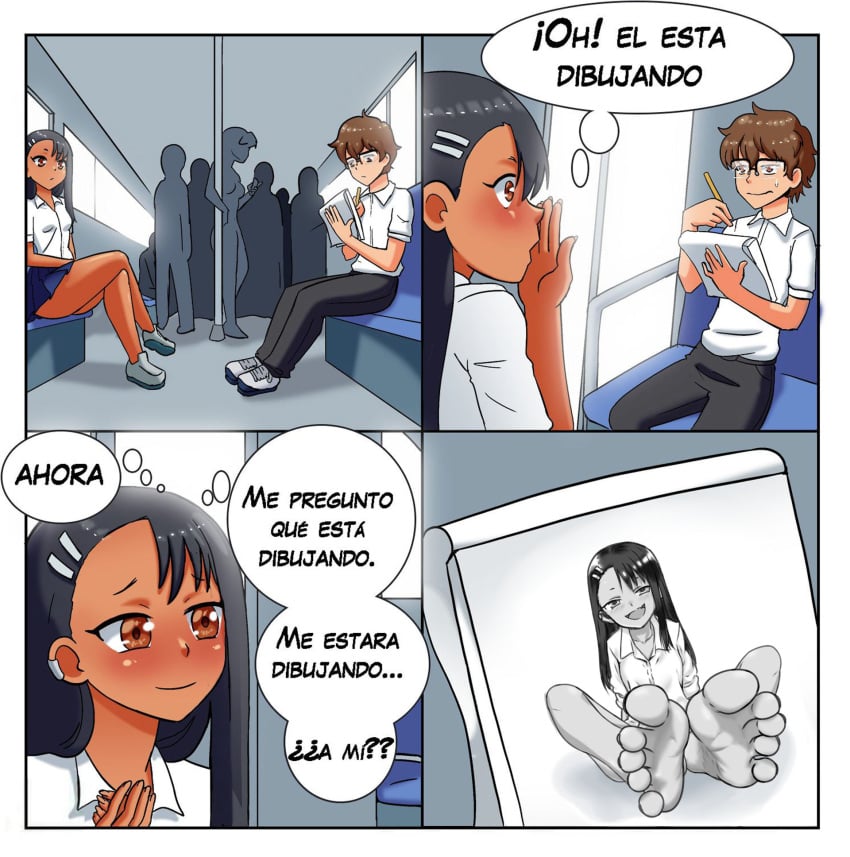 1girl1boy absurdres adorable brown_eyes cute dark-skinned_female drawing feet female foot_fetish foot_focus foot_worship funny glasses hayase_nagatoro highres meme meme_reference nagatoro_hayase naoto_hachioji_(senpai) please_don&#039;t_bully_me,_nagatoro presenting_feet romantic_couple showing_feet soles soles_fetish spanish spanish_dialogue toes