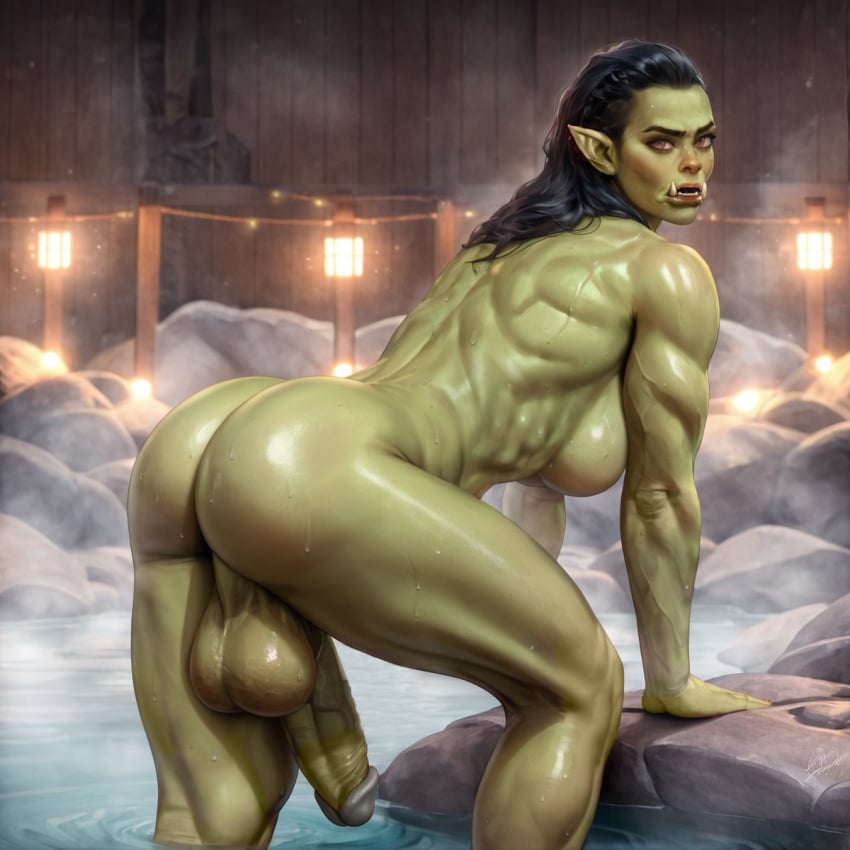 1futa ai_generated arched_back bending_over big_ass big_breasts black_hair breasts brown_eyes futa_only futanari green-skinned_futa green_skin hot_spring intersex leaning_forward leaning_on_object lights looking_at_viewer muscular muscular_futa nowrin orc orc_(warcraft) orc_futa penis presenting presenting_hindquarters stable_diffusion thighs tomboy warcraft wet_skin world_of_warcraft