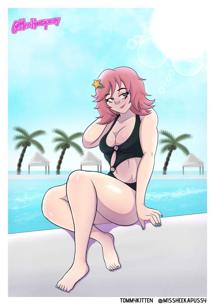 artist_signature barefoot black_swimsuit epic_games female female_only fortnite fortnite:_battle_royale missheekapussy painted_nails pink_hair pool posing shiny_skin skye_(fortnite) smiling_at_viewer solo solo_female swimsuit white_skin