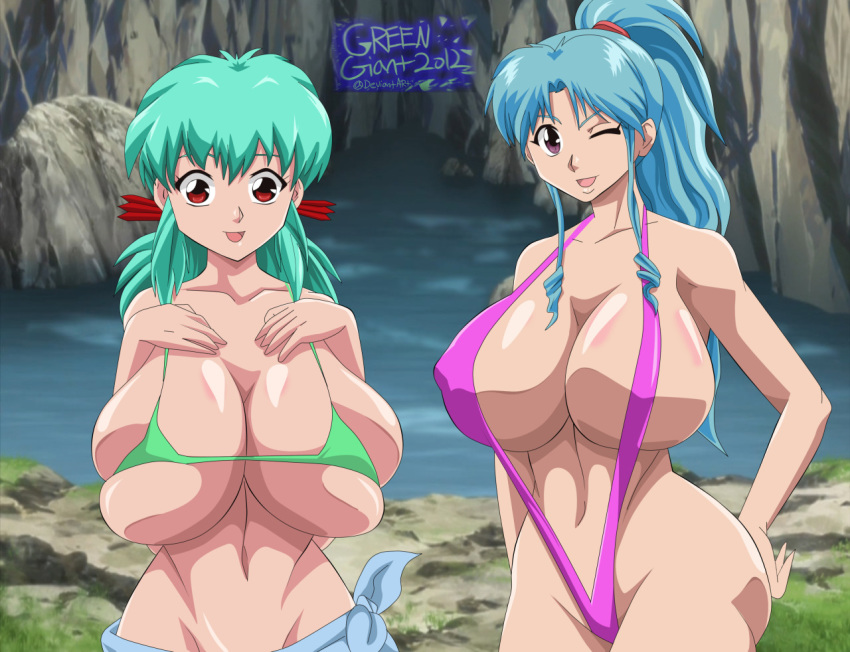 2012 2girls big_breasts bikini bimbo blue_hair botan breasts busty curvy duo female female_only green_hair greengiant2012 huge_breasts humanoid large_breasts long_hair looking_at_viewer multiple_girls pale-skinned_female pale_skin shinigami shounen_jump sling_bikini swimsuit thick_thighs voluptuous wide_hips wink yu_yu_hakusho yuki-onna yukina