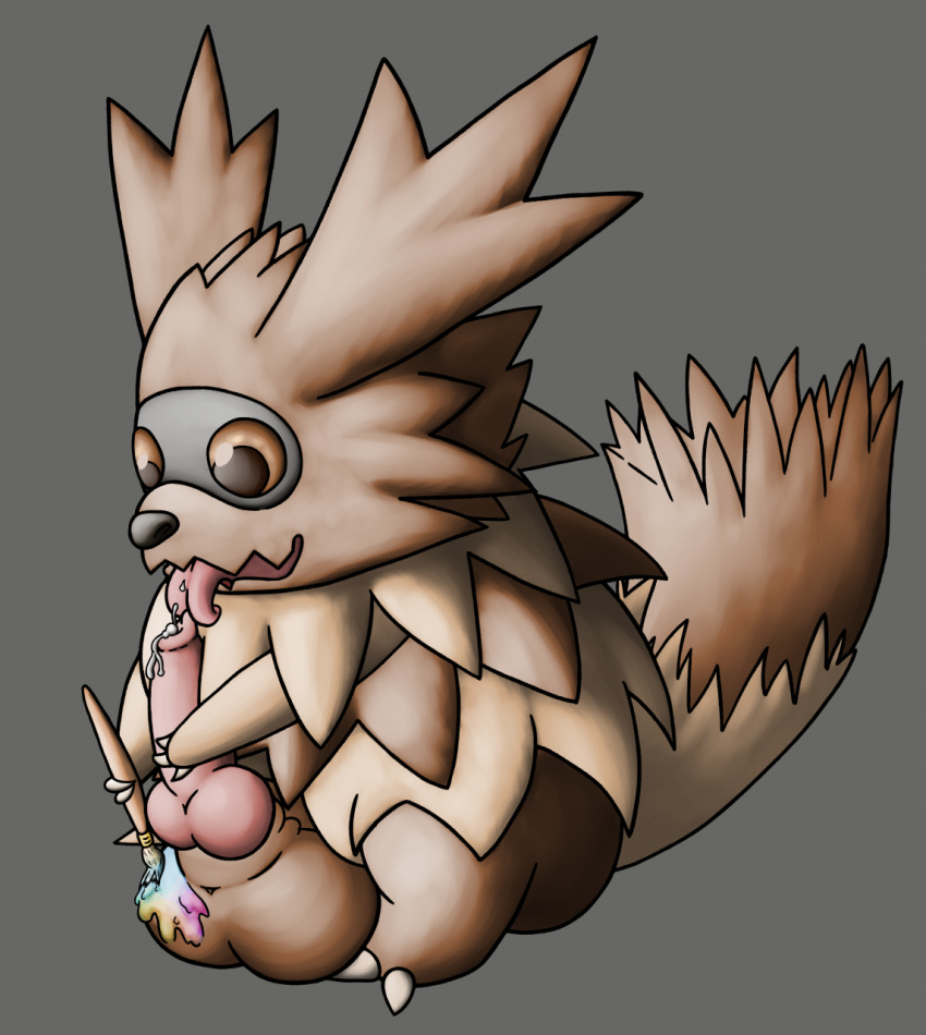 balls cum ferret_cyan flygon_(artist) grey_background knot licking male male_only mammal nintendo paint paintbrush penis pokemon raccoon simple_background tanuki tongue tongue_out video_games zigzagoon