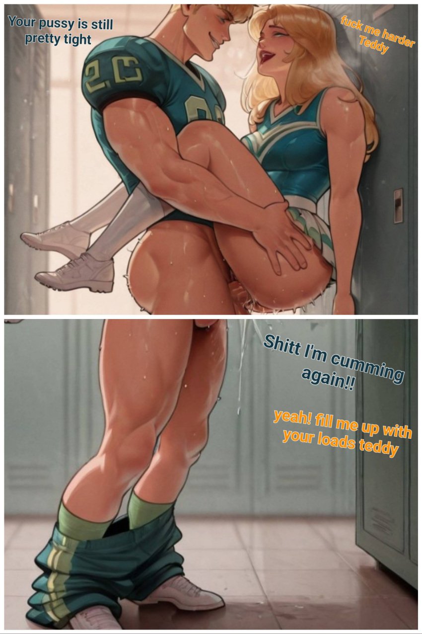 1boy1girl ai_generated amora_the_enchantress big_biceps big_penis blonde_hair cheating_boyfriend cheerleader cum_dripping cum_inside cumming dirty_talk football_uniform gay_male gay_to_straight gay_with_woman hulkling jock locker_room marvel marvel_comics muscular_ass muscular_male muscular_thighs netorare ntr pants_down pussy_juice socks stand_and_carry_position sweat teddy_altman two_panel_image vaginal_penetration