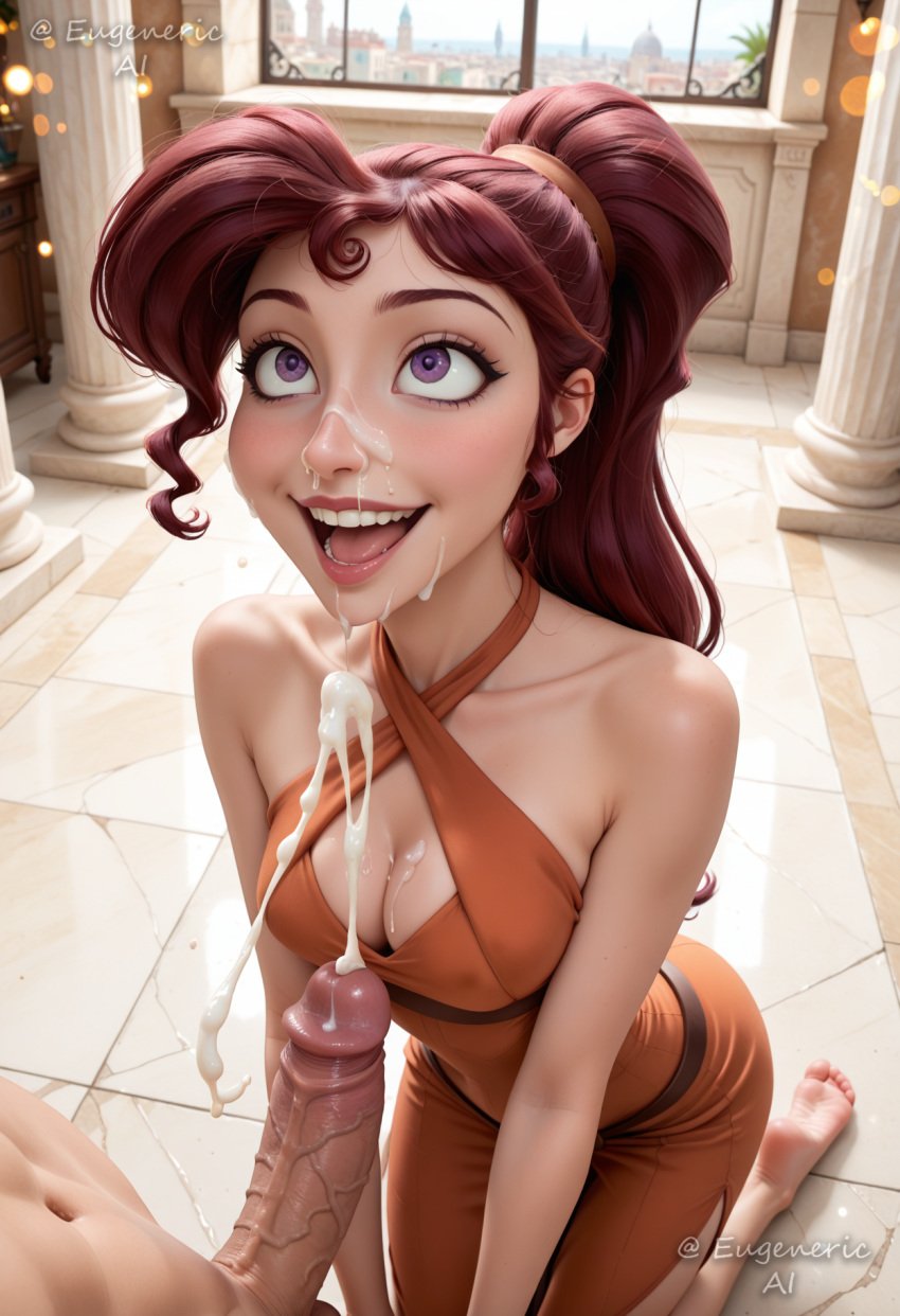1boy ai_generated artist_name bare_arms bare_shoulders barefoot blush breasts brown_hair cleavage clothed_female_nude_male collarbone covered_nipples cum cum_on_body cum_on_breasts disney disney_princess dress ejaculation erection eugenericai facial feet female greek_mythology gumroad_username halter_dress halterneck hercules_(disney) indoors kneeling lips long_hair looking_at_penis looking_up makeup medium_breasts megara navel nude open_mouth orange_dress patreon_username penis ponytail projectile_cum purple_eyes purple_hair red_hair sleeveless_dress smile soles solo_focus straight teeth tile_floor toes tongue tongue_out uncensored veins veiny_penis window
