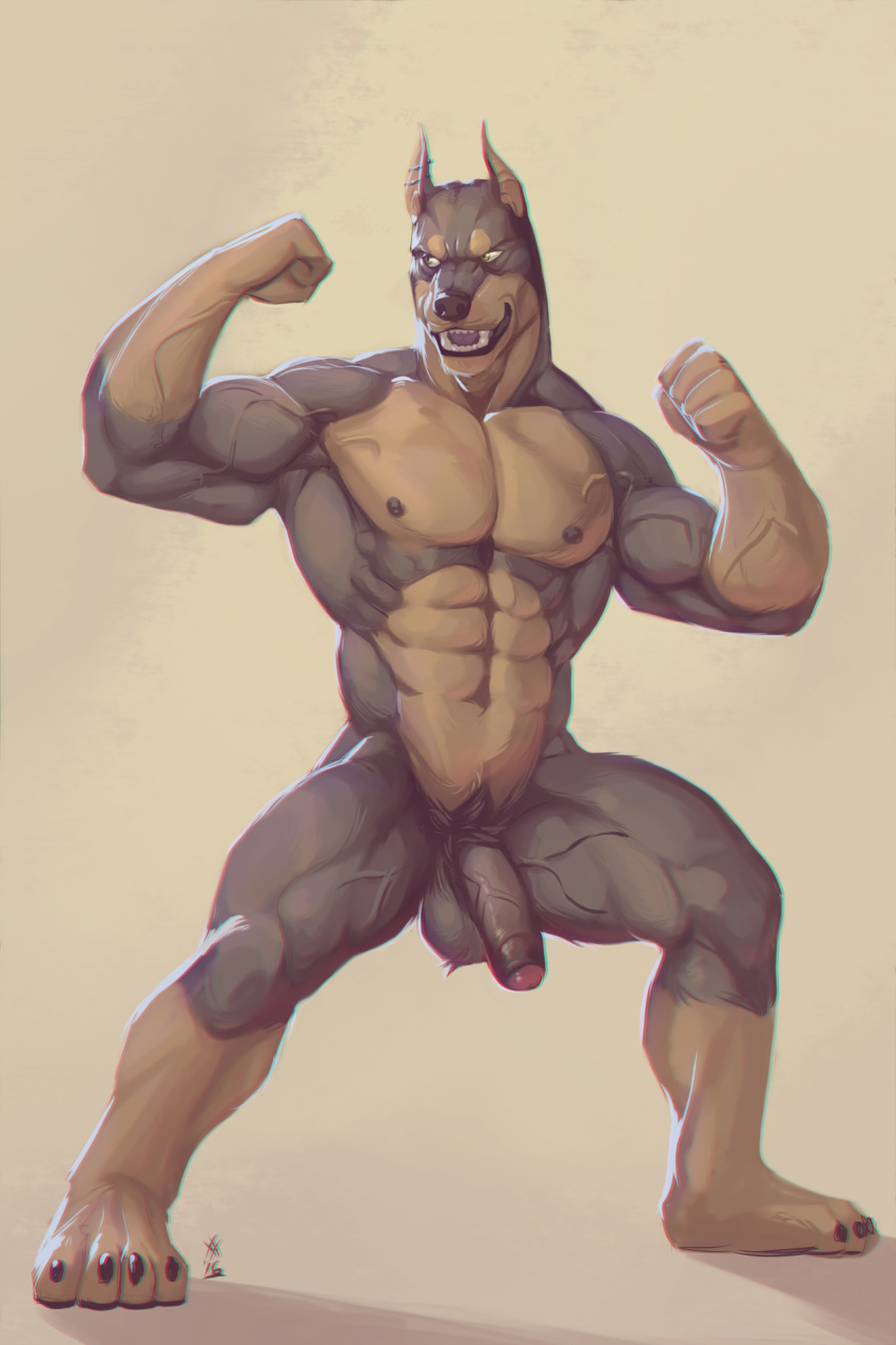 1boy 2016 abs anthro athletic athletic_male balls biceps big_muscles black_fur black_nose brown_fur cain canine doberman ear_piercing fight_pose fighting_stance flaccid flexing full-length_portrait full_length fur green_eyes grin half-erect hi_res humanoid_penis jairus male male_only mammal muscular muscular_male nipples nude open_mouth partially_retracted_foreskin pecs penis piercing pointy_ears portrait pose rrowdybeast smile solo standing teeth tongue uncut vein veiny_penis