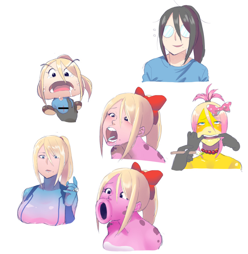 2016 ambiguous_gender anthro birdo blonde_hair blue_eyes breasts censored crossover disembodied_hand eyewear female fusion glasses goomba group hair human koopa mammal mario_(series) menma911 metroid nintendo open_mouth ponytail pussy ribbons samus_aran scalie scared sequence simple_background tears teeth tied_hair tongue transformation video_games what white_background