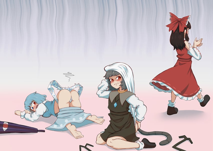 2023 3girls ass ass_grab ass_up atomic_wedgie barefoot blue_hair blush bow brown_hair embarrassed evgreenzn grey_hair hairbow heterochromia humiliation kneeling kogasa_tatara mouse_girl mouse_tail nazrin open_mouth panties panty_pull polka_dot_panties red_eyes reimu_hakurei shoes short_hair skirt skirt_down skirt_lift tagme tail top-down_bottom-up torn_panties touhou wavy_mouth wedgie white_panties