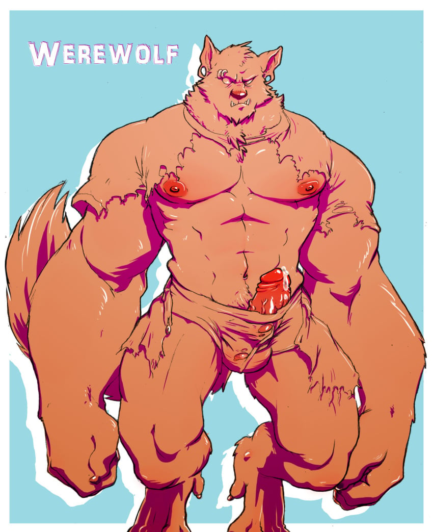 canine cum dogfu dripping erection eyebrow_piercing facial_piercing male male_only mammal muscular navel nipples pecs penis piercing solo torn_clothes vein veiny_penis were werewolf